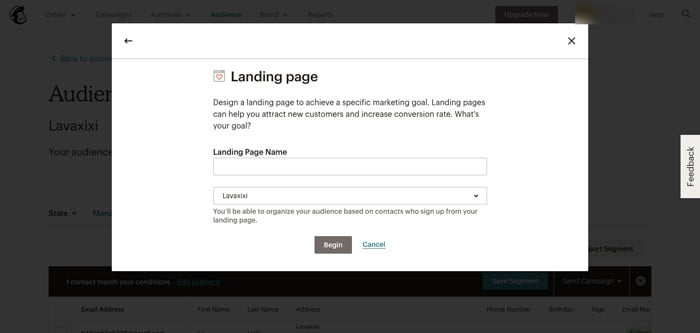 Giao diện Create a landing page