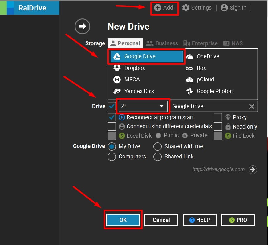 Đồng bộ máy tính với Google Drive bằng RaiDrive 24