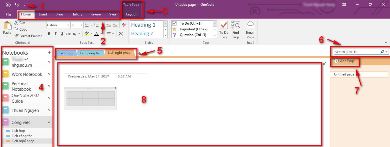 Cửa sổ làm việc OneNote