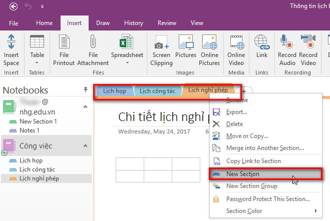 Thêm Section mới trong OneNote
