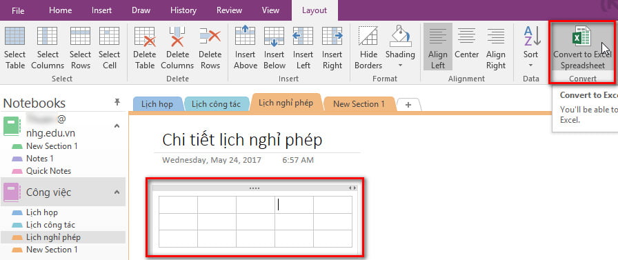 Chuyển đổi dạng bảng trong OneNote