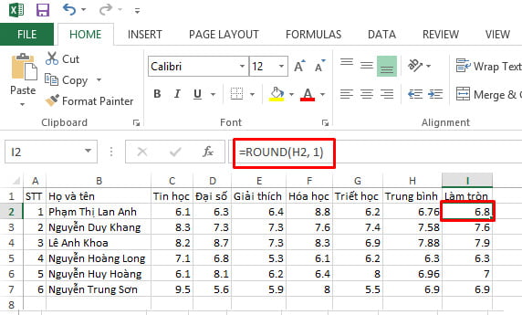 Ví dụ minh hoạ cho hàm round