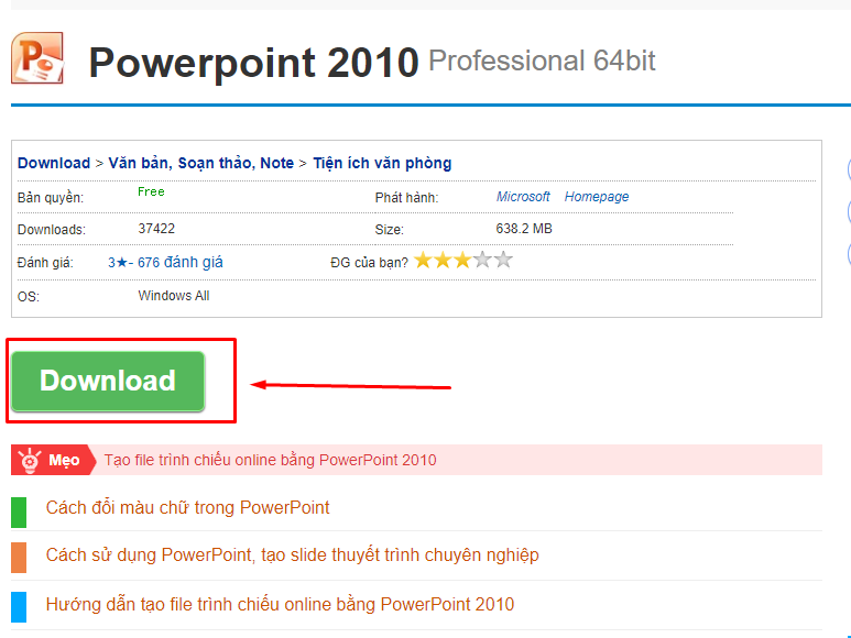 Click chuột vào “Download” để tải powerpoint 2010