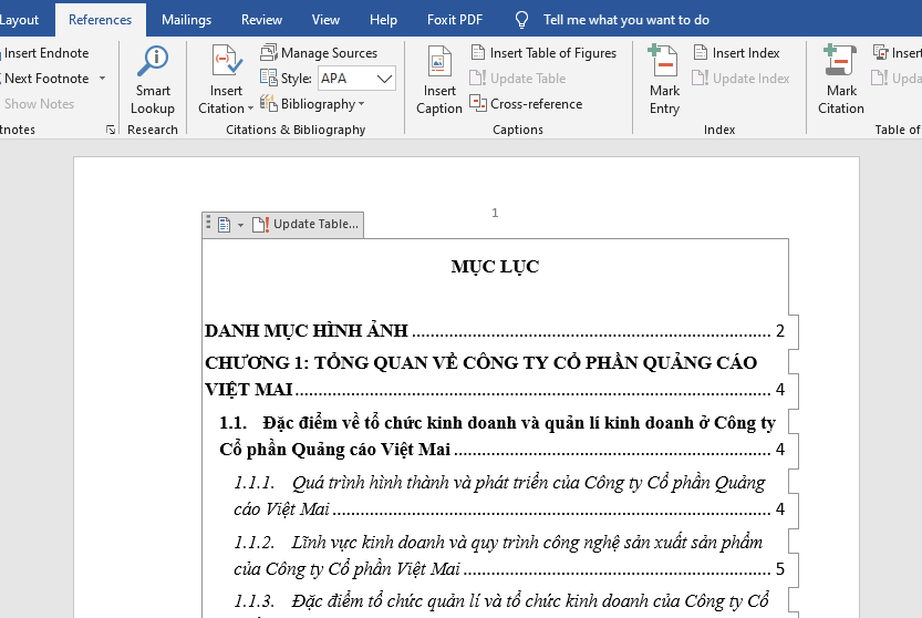 Mục lục sau khi hoàn thành