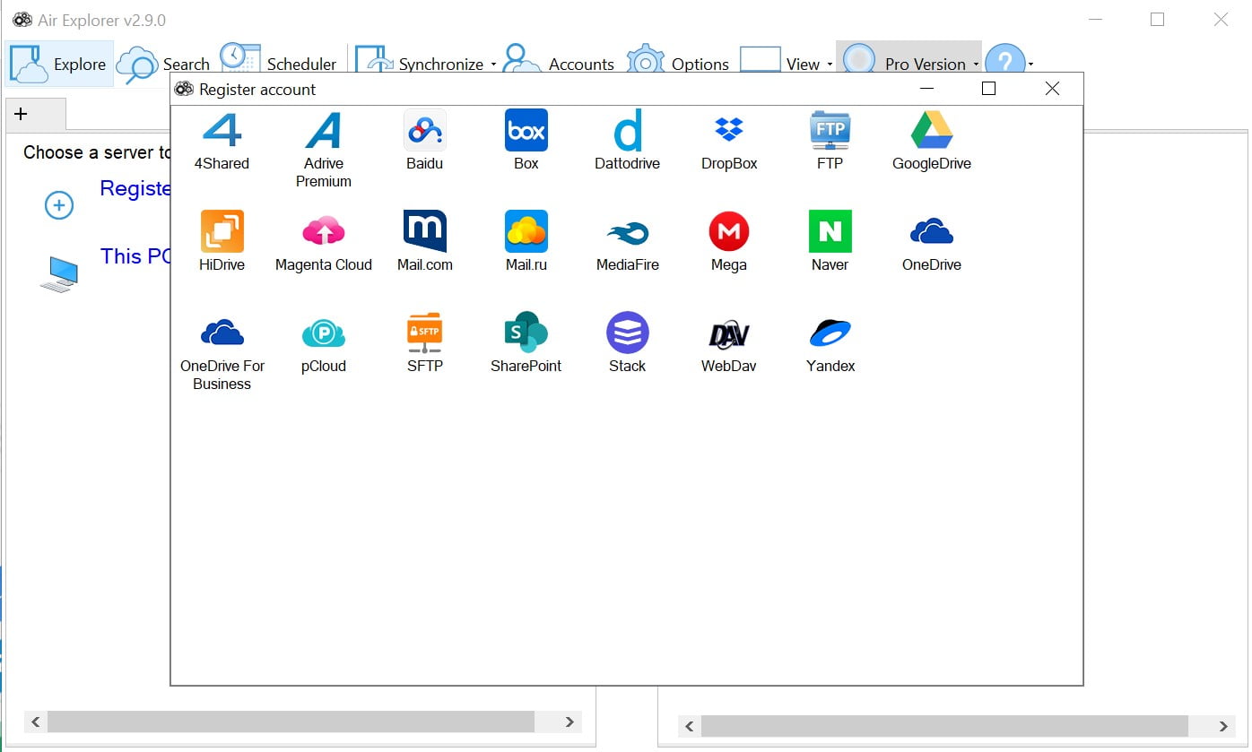 Air Explorer Pro hỗ trợ nhiều dịch vụ lưu trữ trực tuyến