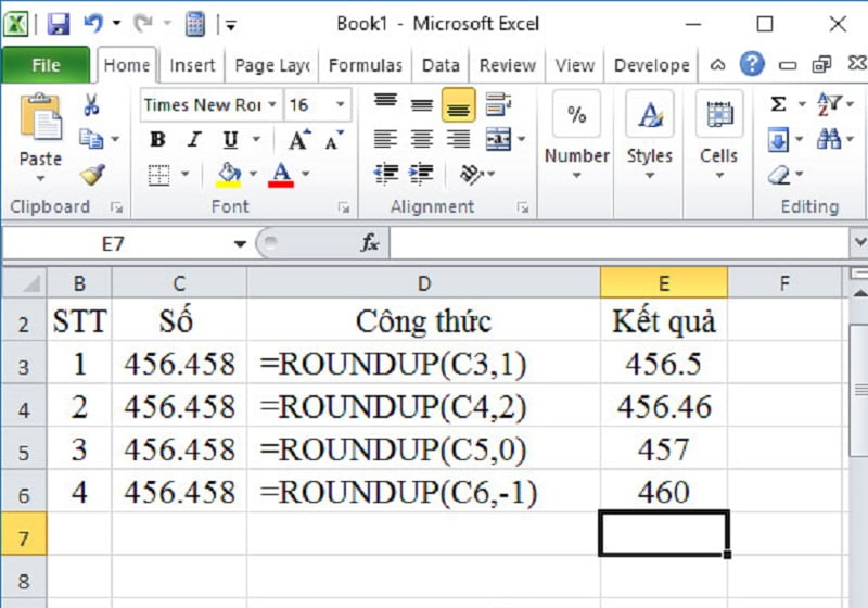 Ví dụ làm tròn số trong Excel với hàm ROUNDUP
