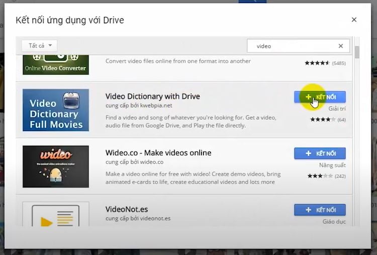 Chọn Kết nối ứng dụng Video Dictionary with Drive