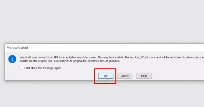 Khi bạn bấm OK nó sẽ hiện trong Word 1 thông báo chuyển file PDF sang file Word