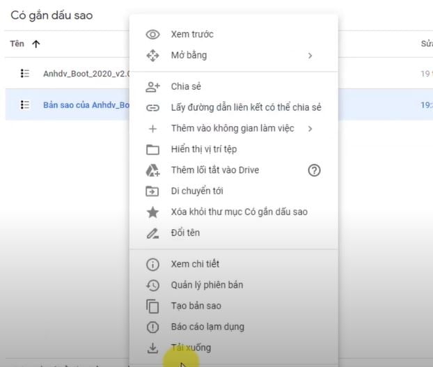 Tiếp theo bạn click chuột phải và file bản sao rồi chọn Tải xuống
