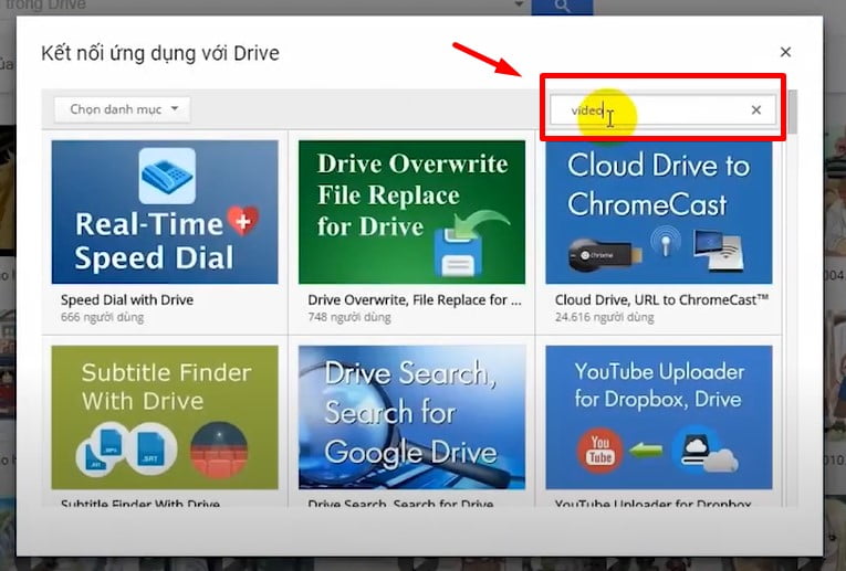 Xuất hiện cửa sổ như hình bạn nhập “Video” để tìm ứng dụng Video Dictionary with Drive