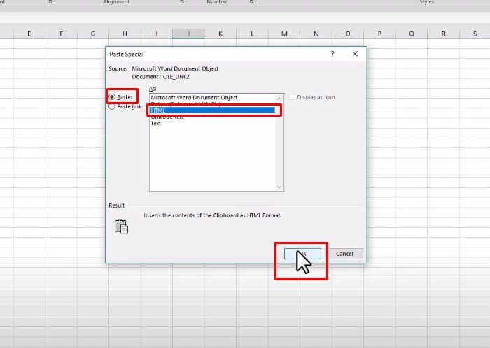 Chọn Paste > HTML > OK