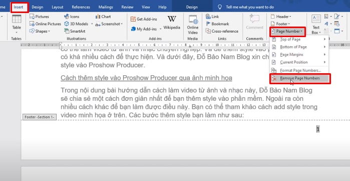 Chọn  Insert > Page Number > Remove Page Numbers. Hoặc click đúp vào phần số trang ở section 1, sau đó xóa số trang