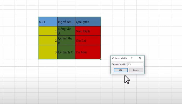 Chỉnh Column Width...