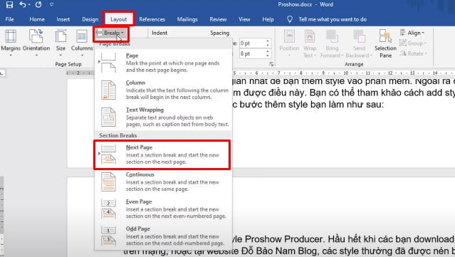 Chọn Layout > Breaks > Next Page để tách văn bản thành 2 Section, Section 2 bắt đầu từ trang mà bạn muốn đánh số trang.