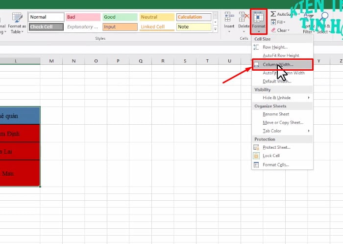Chọn Home > Format > Column Width...