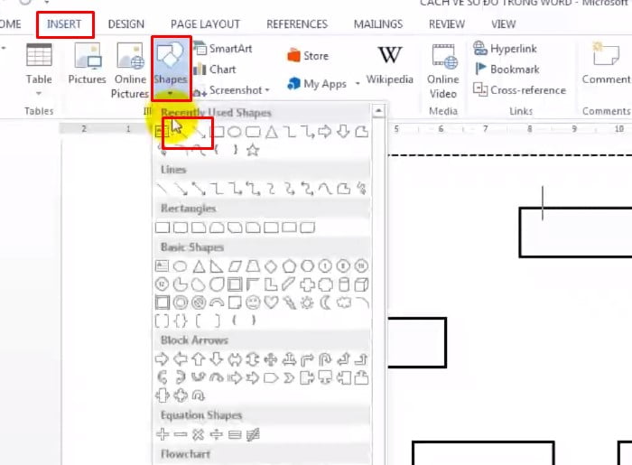 Chọn Insert > chọn Shapes > chọn đường kẻ