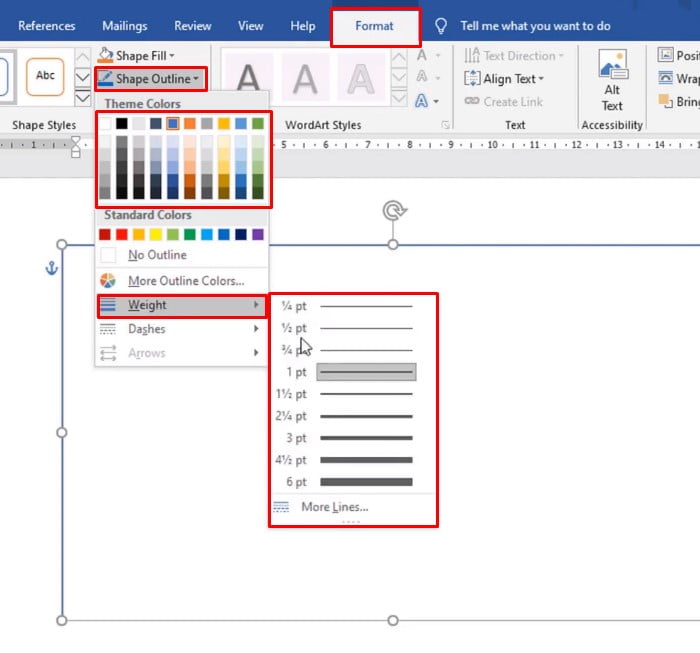 Bạn chọn: Format > Shape Outline > Weight để tùy chỉnh đường viền và màu sắc cho khung