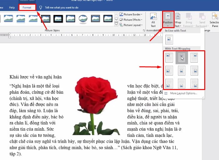 Click chuột 2 lần vào hình ảnh, bạn chọn vào Format tiếp tục chọn Position, chọn vị trí cần di chuyển.