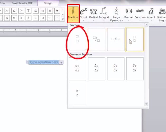 Chọn tiếp tục Fraction và chọn thanh công cụ phân số như đã hướng dẫn