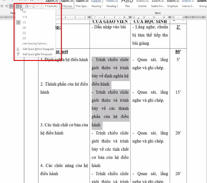 Tô đen văn bản trong bảng và chọn Giãn dòng có sẵn