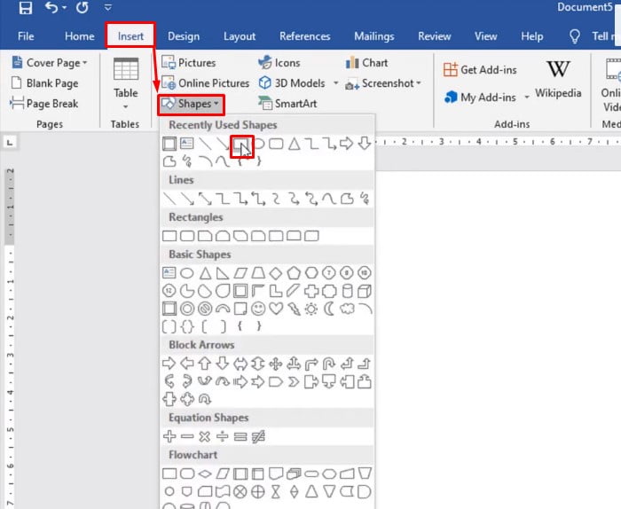 Vào Insert > chọn Shapes, sau đó chọn kiểu hình chữ nhật (đơn giản).