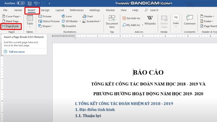 Bấm vào Insert > chọn Page Break. Sau đó nó sẽ ngắt ra cho các bạn một trang mới