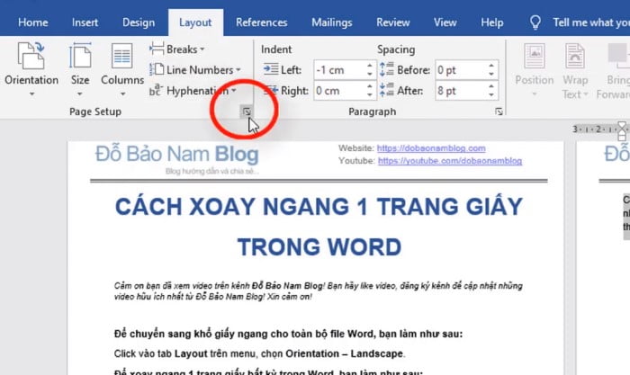 Click vào mũi tên nhỏ ở góc dưới Box Page Setup