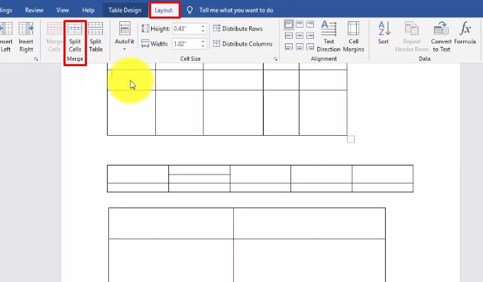 Chọn Ô muốn tách > chọn Layout > Split Cells Merge > tùy chọn muốn tắt bao nhiêu ô