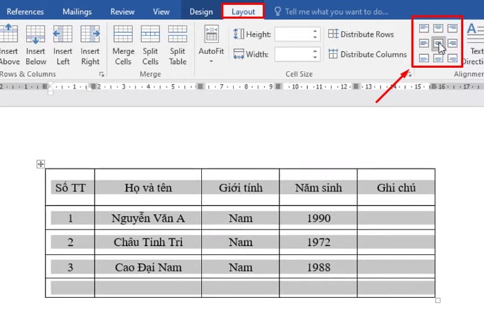 Tô đen văn bản, chọn mục Layout và chọn ô căn giữa.