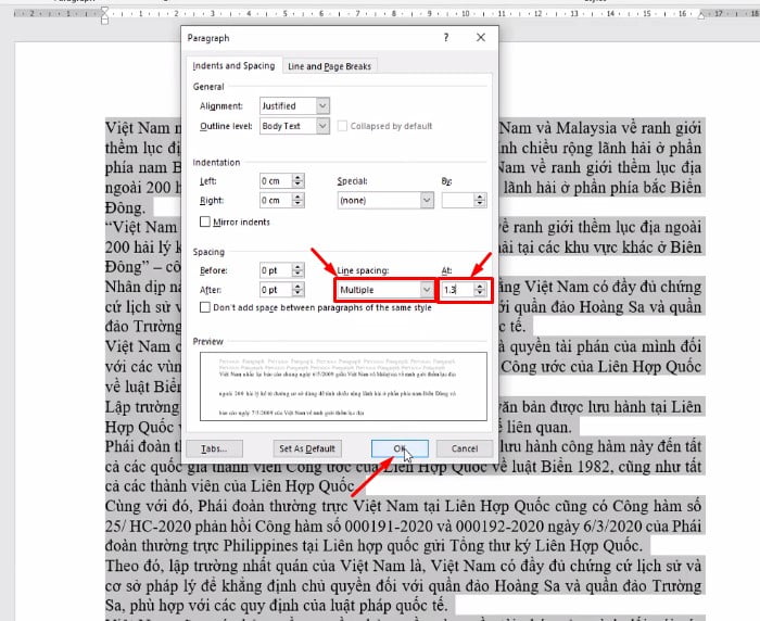 Trong mục Paragraph ⇒ chọn Multiple, tùy chỉnh 1.3 và chọn Ok.