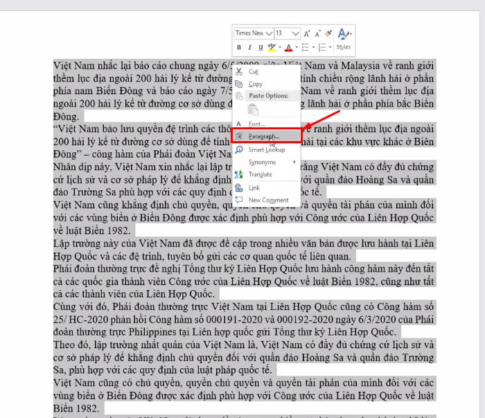 Tô đen văn bản và bạn click chuột phải vào văn bản bạn chọn Paragraph...