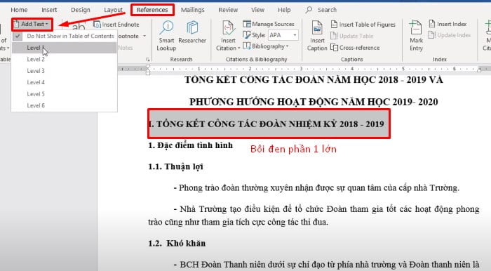 Bôi đen phần I lớn và chọn References > Add Text, chọn tiêu đề để chọn level cho level đó.