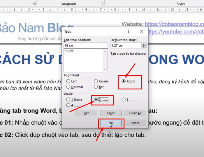 Bảng ví dụ thiết lập.