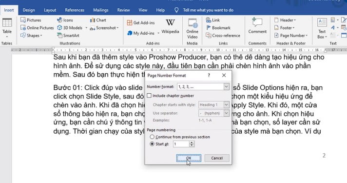 Chỉnh Format page Numbers > Click vào Start at