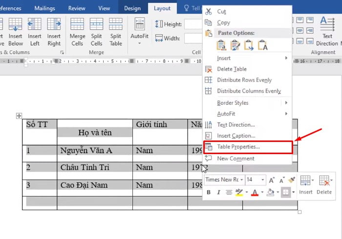 Tô đen văn bản, Click chuột phải chọn Table properties.