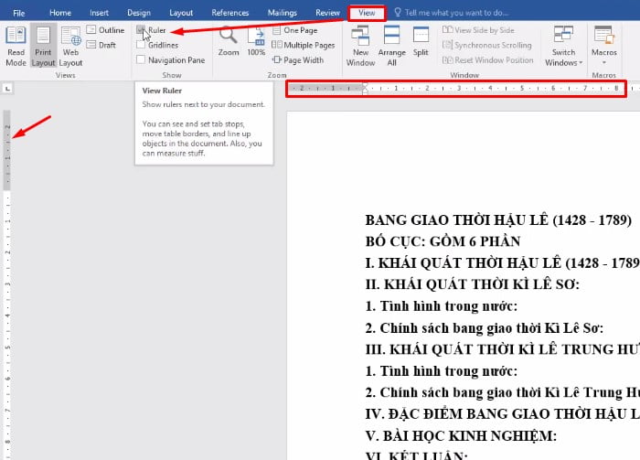 Chọn View > Click vào Ruler để hiện thanh thước căn lề và tùy chỉnh thước đó có thể bật tắt thước đo