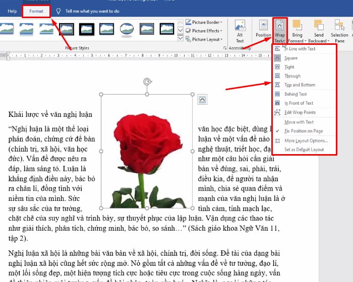 Click 2 lần vào ảnh khi đó sẽ chuyển bạn đến tab Format tiếp tục bạn chọn Wrap Text và chọn vị trí di chuyển.