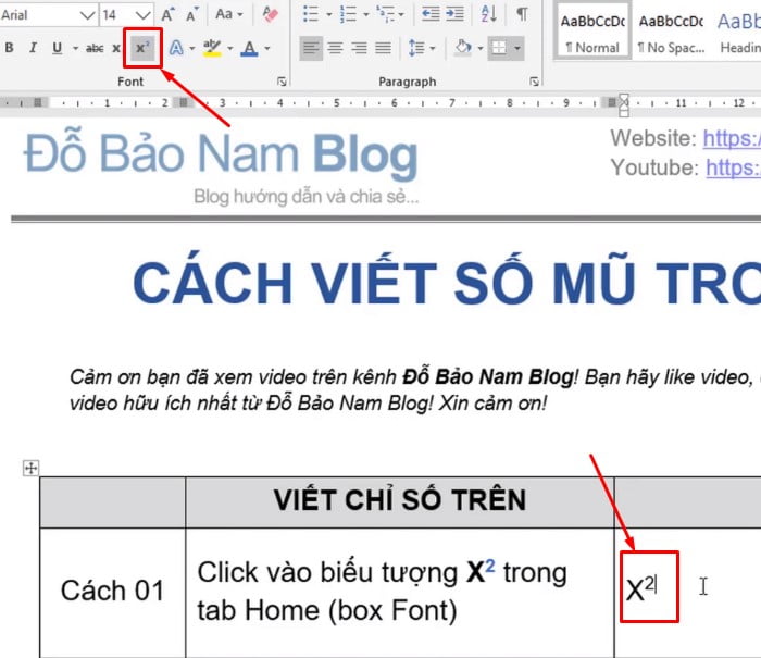 Click vào biểu tượng X2 trong Tab Home (Box Font).