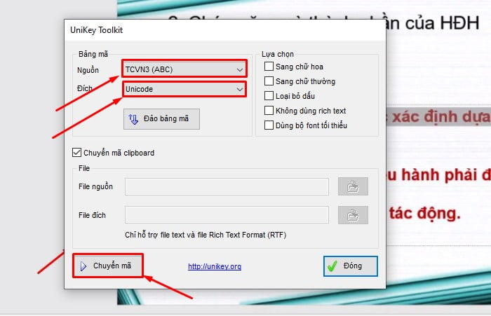 Chỉnh nguồn là TCVN3(ABC), Đích là Unicode.