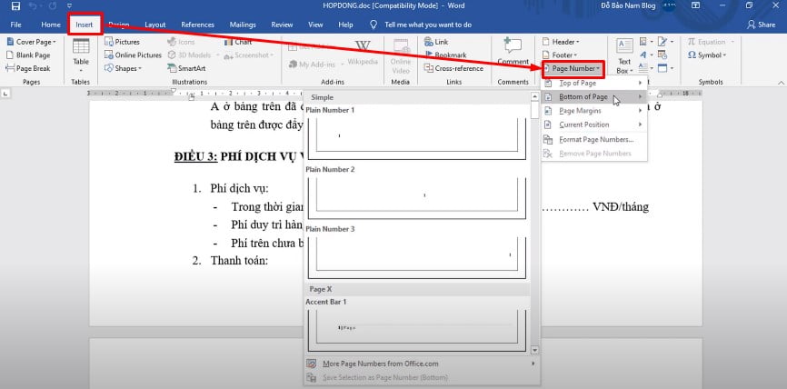 Click vào Insert trên menu, chọn Page Number