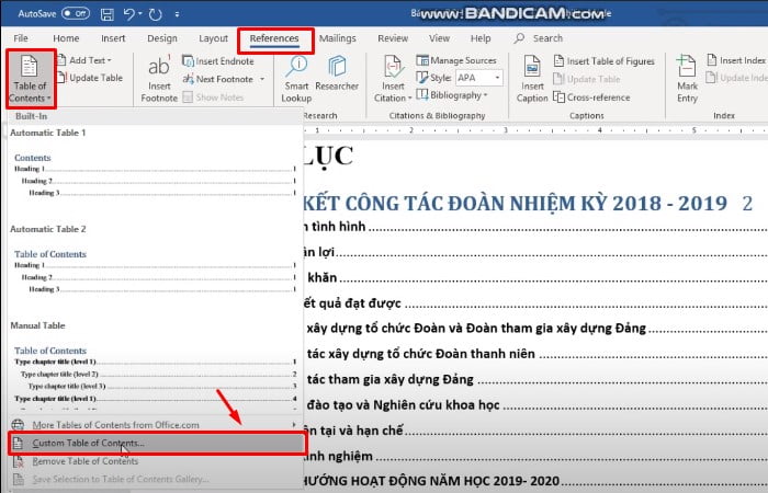 Chọn  References > Tuỳ chỉnh Table of Contents > Custom Table of Contents...