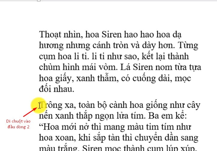 Di chuột vào đầu dòng cần chuyển sang bên phải,vv...