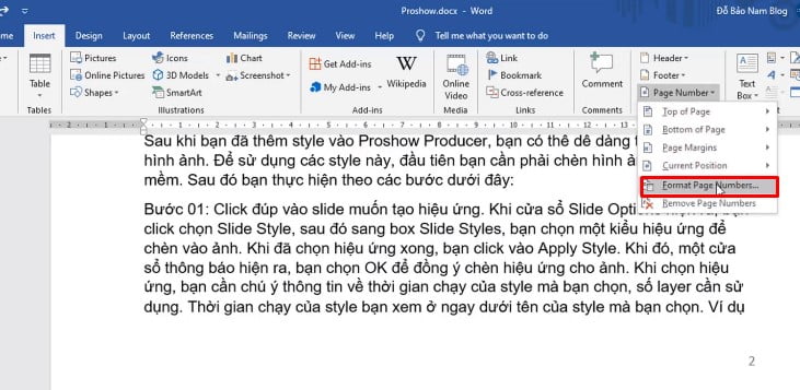 Tiếp tục bạn vẫn vào  Insert > Page Number > Format page Numbers > Click vào Start at chọn số trang bạn muốn chọn
