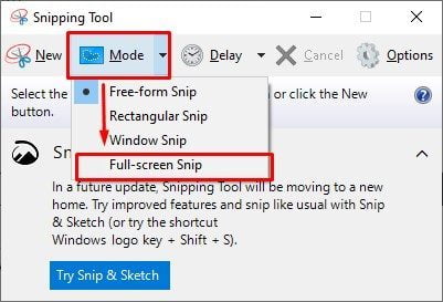 Click vào ứng dụng Snipping Tool chọn Mode > Full Screen Snip