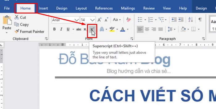 Cách viết số mũ trong word