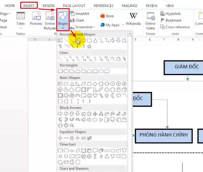 Chọn Insert > Shapes > chọn thanh công cụ để vẽ ô