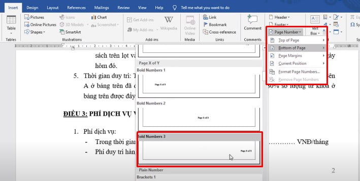 Bạn Click Insert, và chọn Page Number và bạn lướt xuống tìm kiếm Page 1 of 1 (Bên phải hoặc trái)