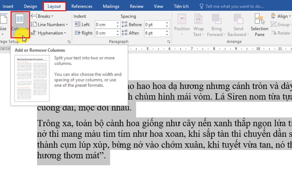 Khi Enter 2 lần bạn chọn Layout và chọn Columns, tùy chỉnh lại cách như ban đầu là xong