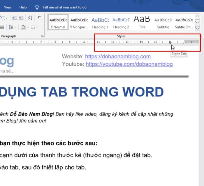 Cách đặt tab trong word