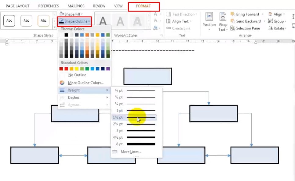 Chọn tất cả ô sau đó chọn Format > chon Shape Outline tùy chỉnh màu và kích thước 